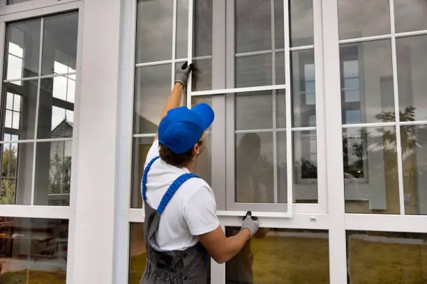Home 13 Worker in a blue cap installing windows on a sunroom