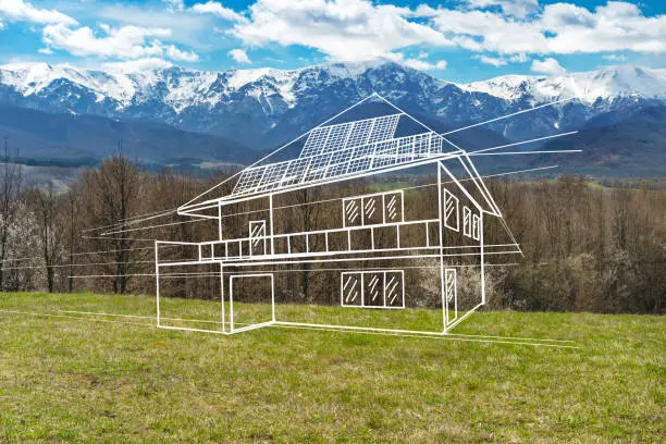 Home 14 Illustration of a custom home design outlined on an open grassy lot