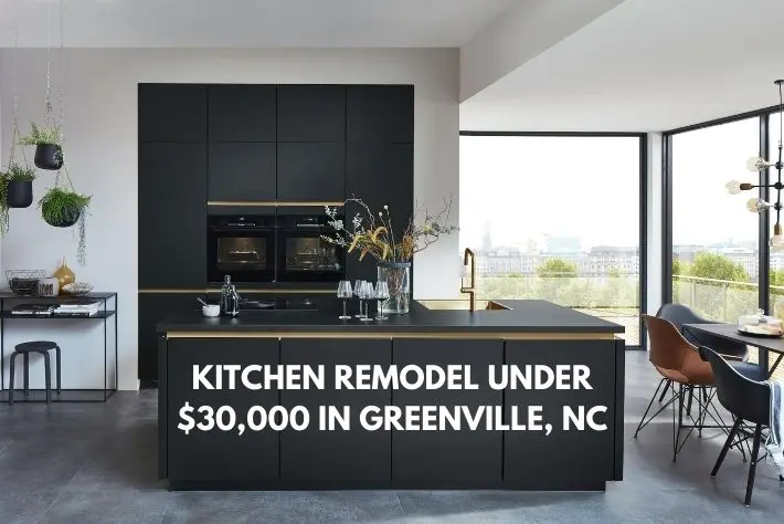 Modern kitchen with dark cabinets and island, graphic about a kitchen remodel under 30,000 dollars in Greenville, NC