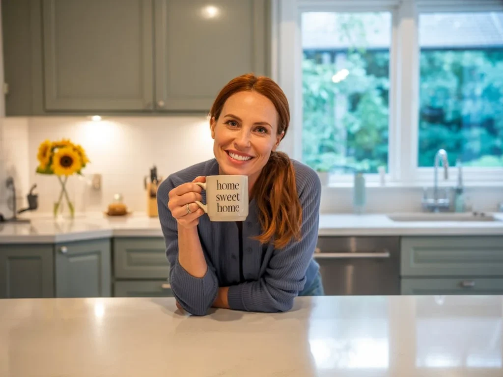 A happy homeowner smiling in their beautiful, newly remodeled kitchen in Greenville, NC