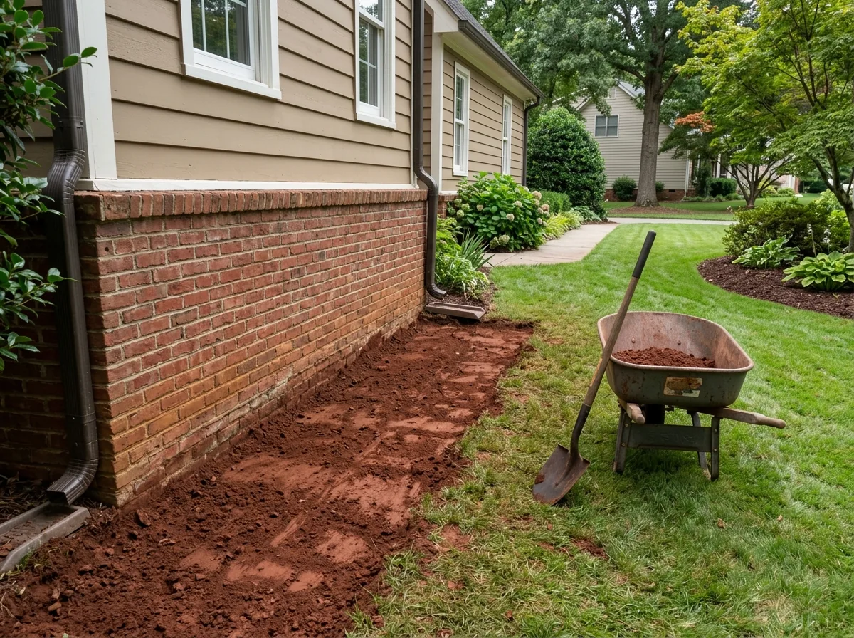 How Foundation Pier Installation Works: Step by Step and How Long It Takes 1 Neatly backfilled red clay trench along a brick home foundation after pier installation, wheelbarrow nearby