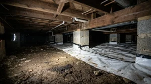 The Essential Guide to Wood Decay Fungus 9 Crawl space with wood joists, block piers and damp dirt floor with a partly installed white vapor barrier