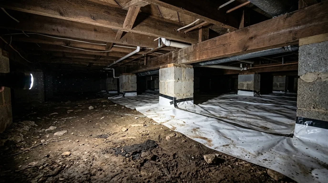 Crawl space with wood joists, block piers and damp dirt floor with a partly installed white vapor barrier