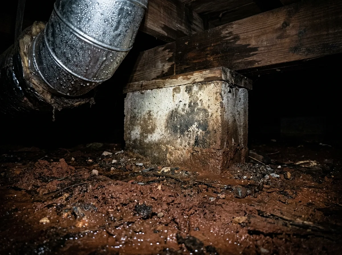 Damp red clay soil and a moisture-stained block pier with condensation on a duct in a crawl space