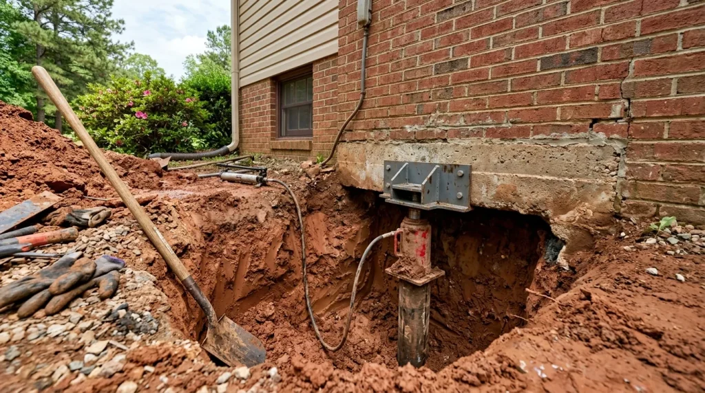 How Foundation Pier Installation Works: Step by Step and How Long It Takes 1 Excavation beside a brick home exposing the footing with a steel pier bracket and hydraulic jack in red clay