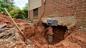 Excavation beside a brick home exposing the footing with a steel pier bracket and hydraulic jack in red clay