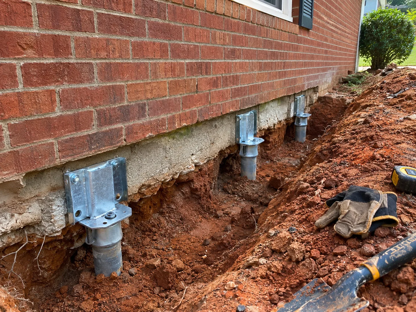 Foundation Repair Cost in Greenville, NC: What Homeowners Pay 1 Three galvanized steel pier brackets installed under the footing of a brick ranch home in Eastern NC