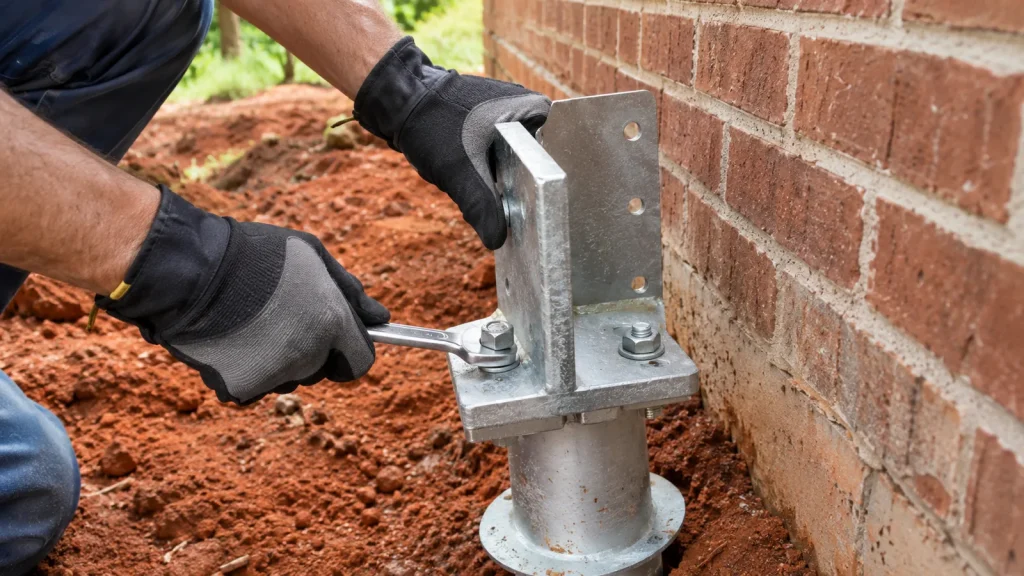 Foundation Repair Cost in Greenville, NC: What Homeowners Pay 5 Technician tightening a galvanized bracket on a helical foundation pier beside a brick home in Greenville, NC