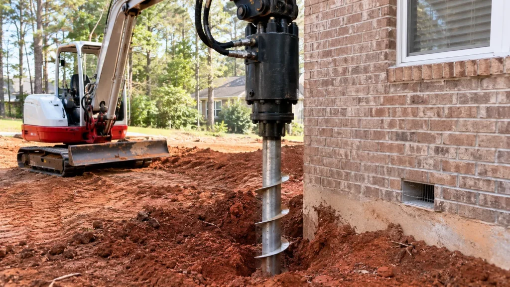 Do You Need Foundation Piers? When Piering Is (and Isn't) the Right Fix 3 Hydraulic drive head turning a helical pier shaft into red clay beside a brick home in Eastern NC