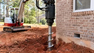 Hydraulic drive head turning a helical pier shaft into red clay beside a brick home in Eastern NC