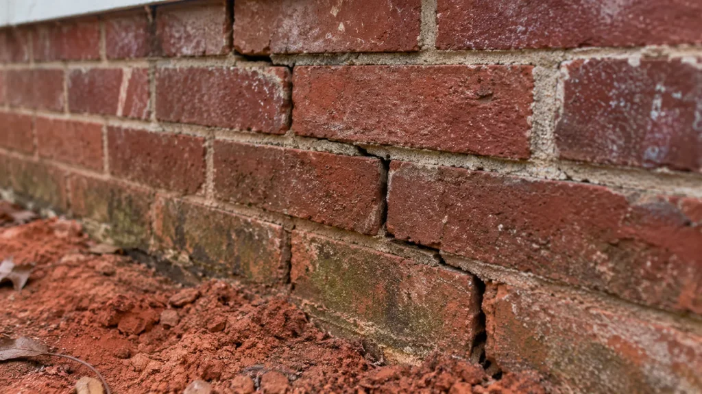 Signs Your Foundation Needs Repair in Eastern NC 7 Stair-step crack in the mortar joints of a red brick foundation wall above red clay soil in Eastern NC