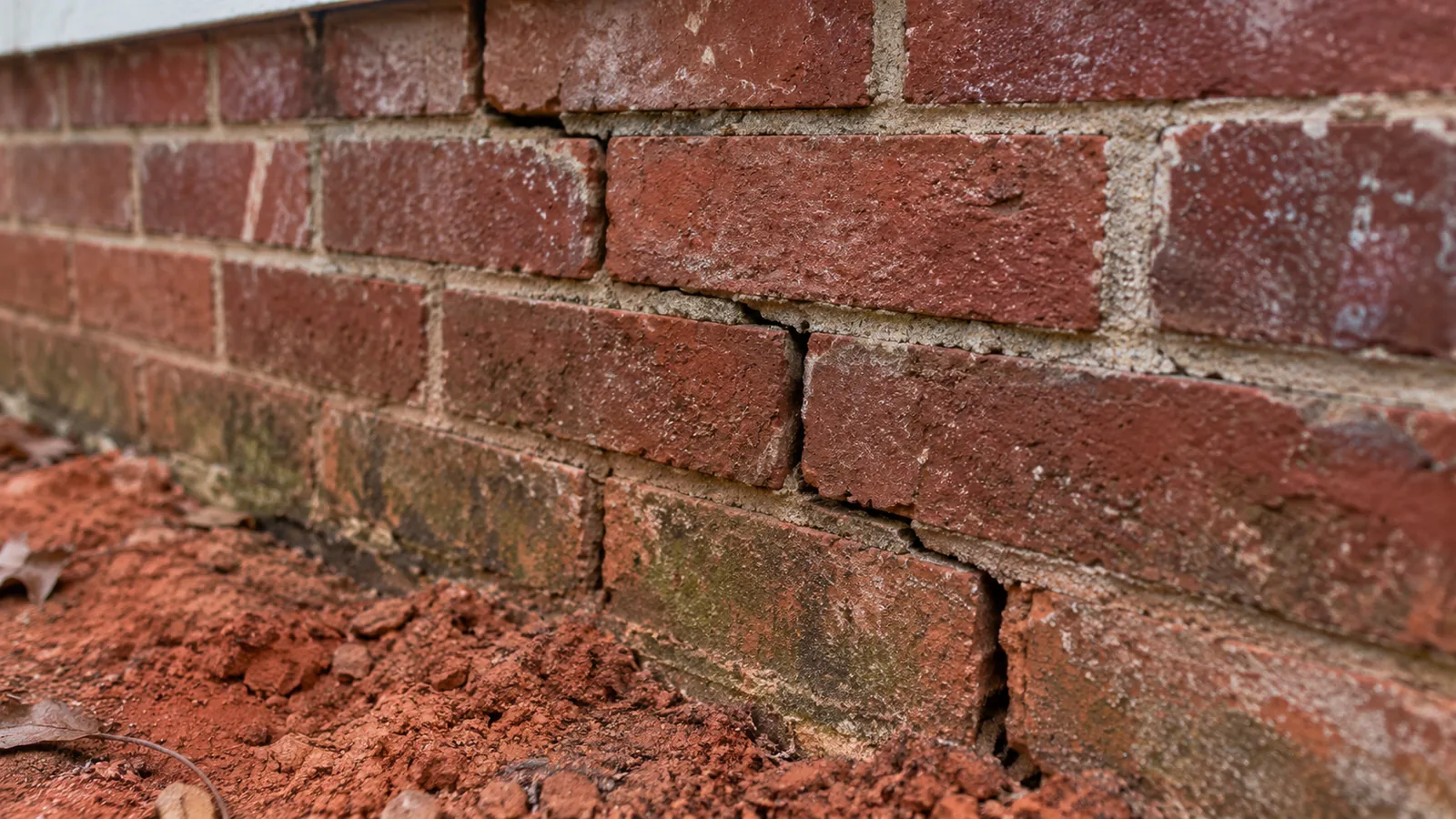Stair-step crack in the mortar joints of a red brick foundation wall above red clay soil in Eastern NC