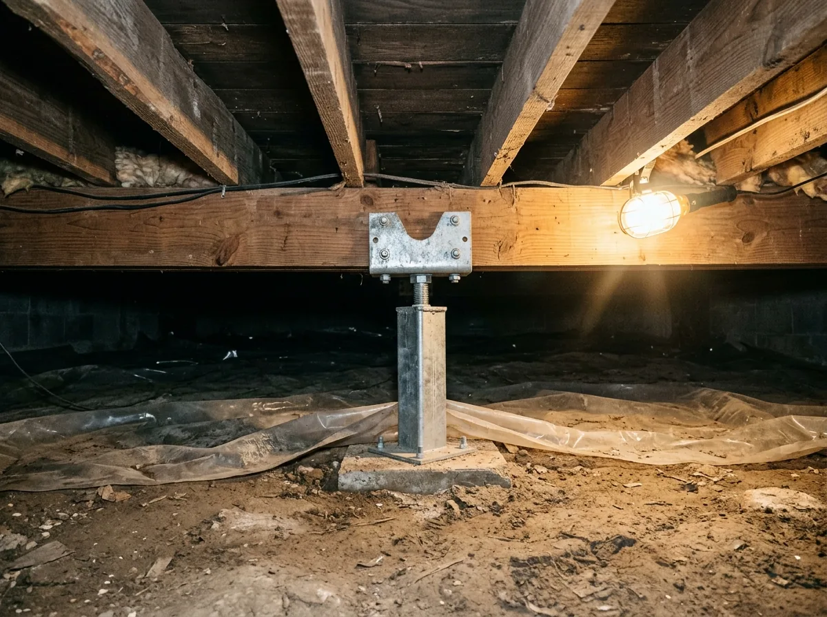 Galvanized steel pier and bracket supporting a wood girder in a crawl space with partial vapor barrier
